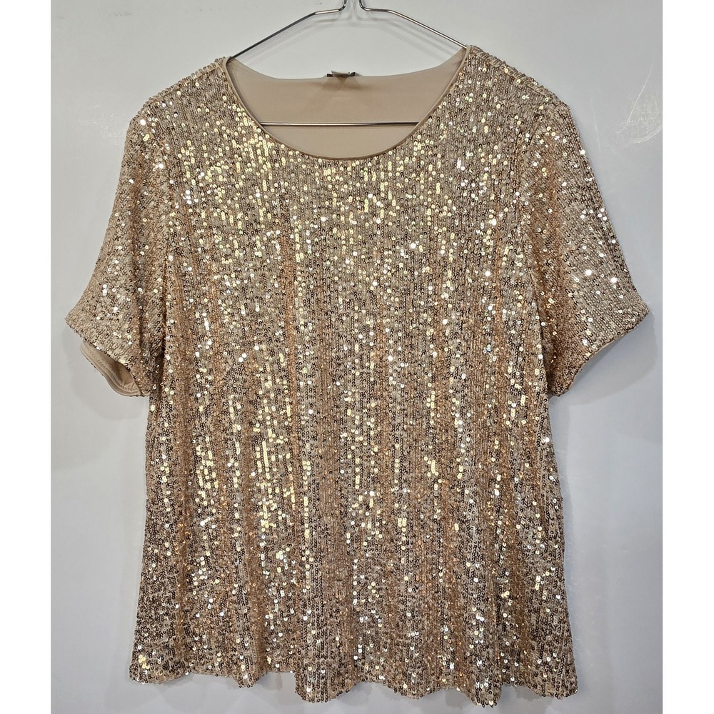 Cato Womens Sequin Shirt Sz Medium Gold Short‎ Sleeve Disco Fun Party Stretch